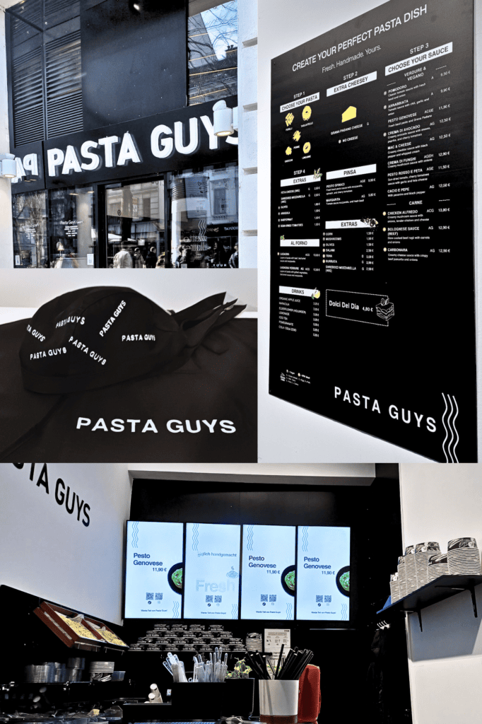 Pasta Guys Restaurant Branding in Wien mit Menüdesign, Mitarbeiterkleidung und digitalen Screens