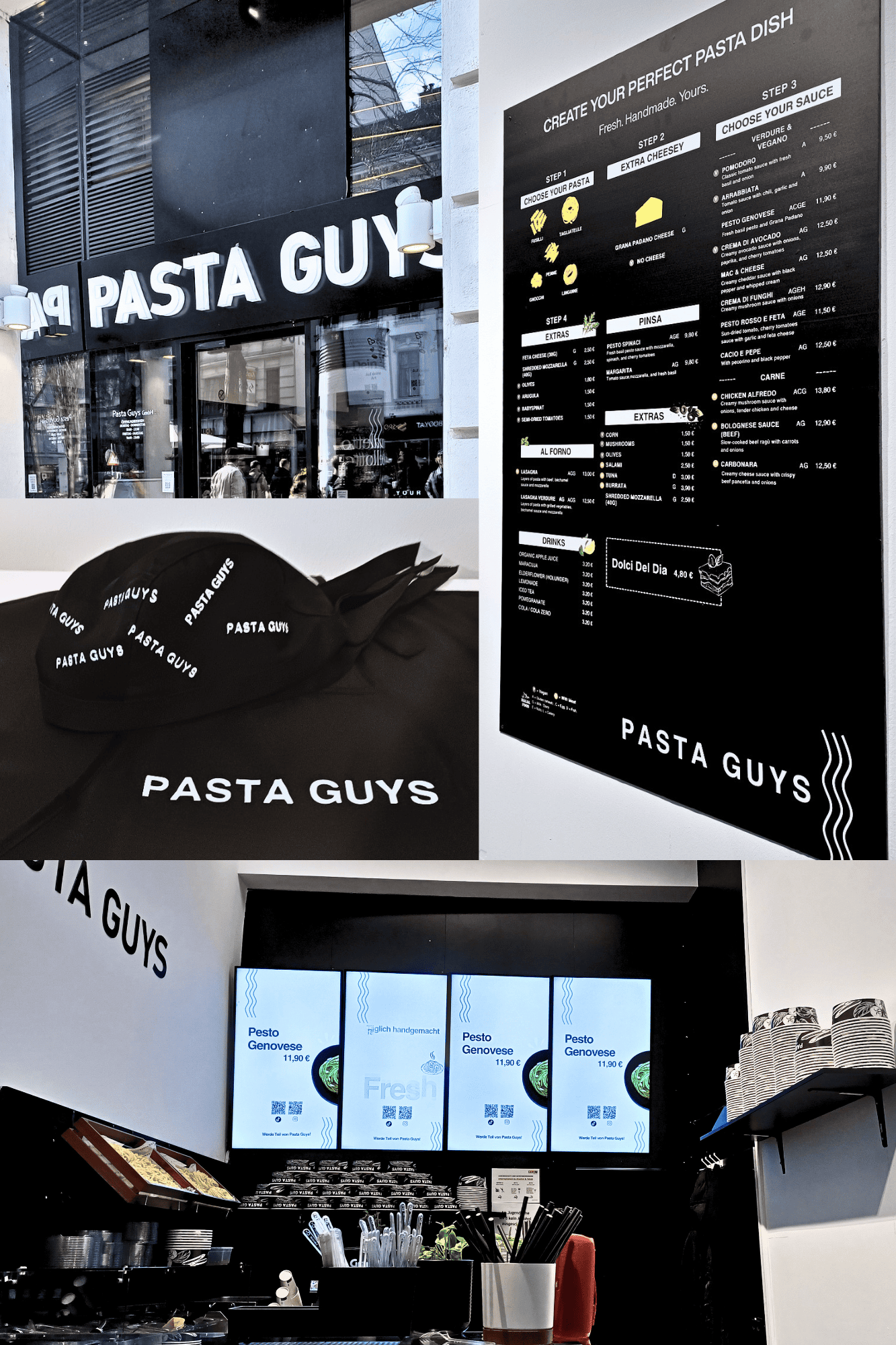 Pasta Guys Restaurant Branding in Wien mit Menüdesign, Mitarbeiterkleidung und digitalen Screens