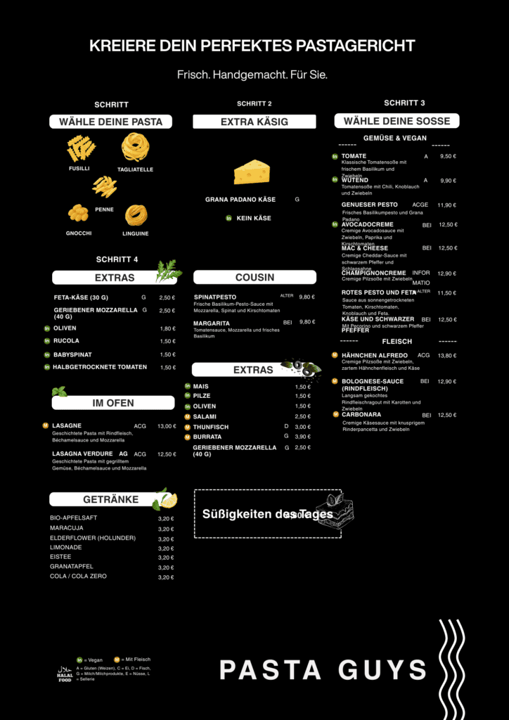 Menüdesign von Pasta Guys in Wien als Teil des Restaurant Brandings in Wien mit strukturiertem Bestellsystem für individuelle Pastagerichte