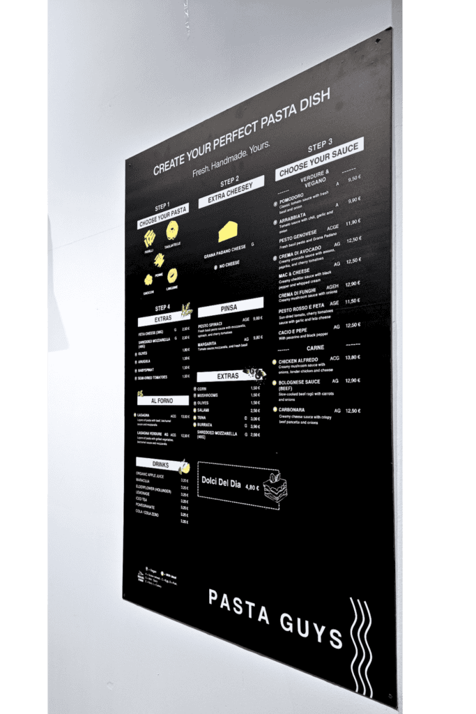 Menüdesign für Pasta Guys in Wien als Teil des Restaurant Brandings