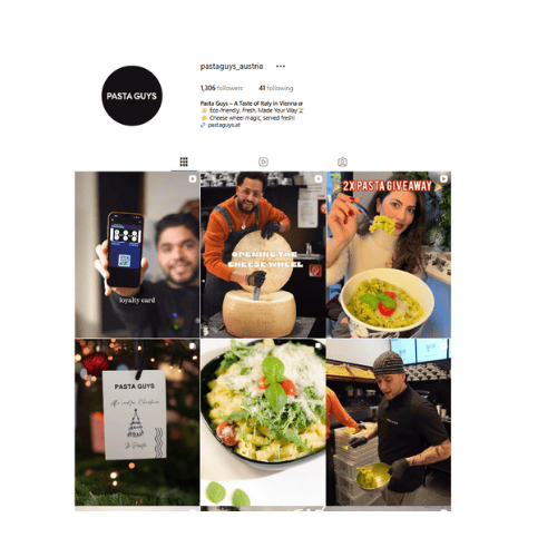 Instagram-Auftritt von Pasta Guys mit Food Content und konsistenter visueller Markenkommunikation