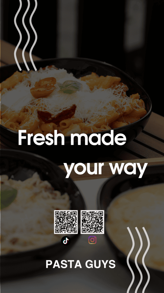 Social Media Design für Pasta Guys mit Pasta-Fotografie und Markenbotschaft Fresh made your way